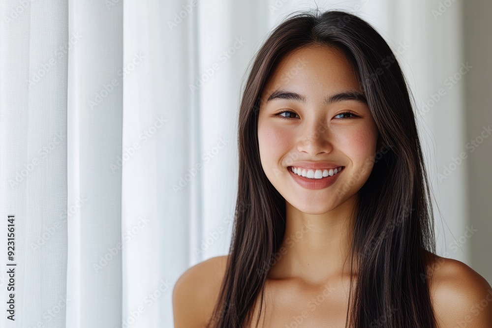 Alluring Asian girl in a poised stance, smiling at the camera, her fresh makeup and flawless skin beautifully framed by a billowing white curtain. Alluring Asian girl in a poised stance, smiling at the camera, her fresh makeup and flawless skin beautifully framed by a billowing white curtain.