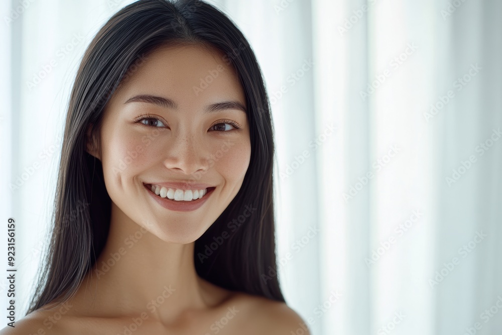 Alluring Asian girl in a poised stance, smiling at the camera, her fresh makeup and flawless skin beautifully framed by a billowing white curtain. Alluring Asian girl in a poised stance, smiling at the camera, her fresh makeup and flawless skin beautifully framed by a billowing white curtain.