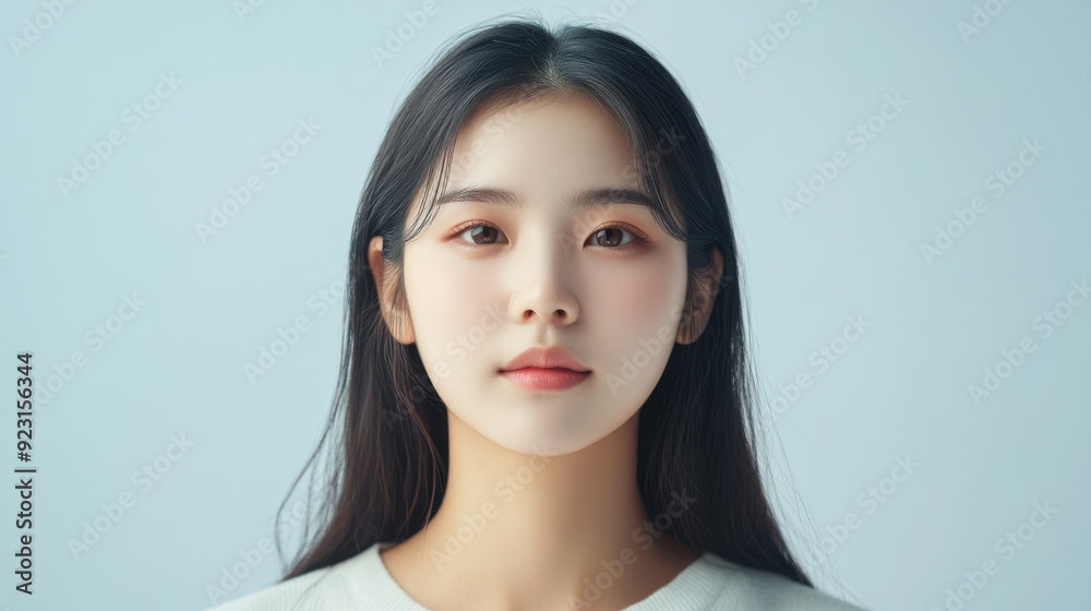 Realistic front-facing photo of a young Korean woman with a round face, symmetrical features, and 