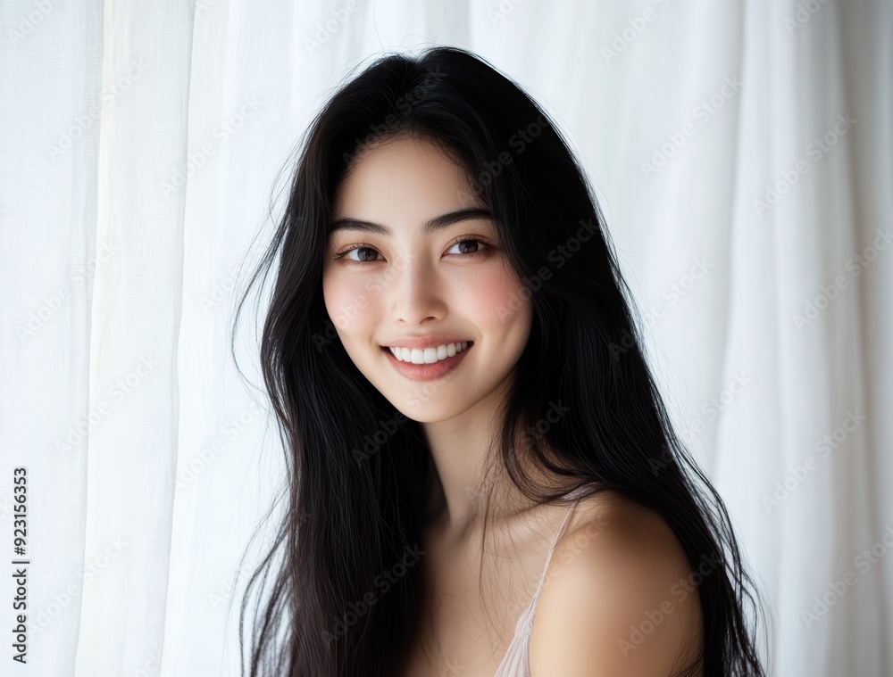 Alluring Asian girl in a poised stance, smiling at the camera, her fresh makeup and flawless skin beautifully framed by a billowing white curtain. Alluring Asian girl in a poised stance, smiling at the camera, her fresh makeup and flawless skin beautifully framed by a billowing white curtain.