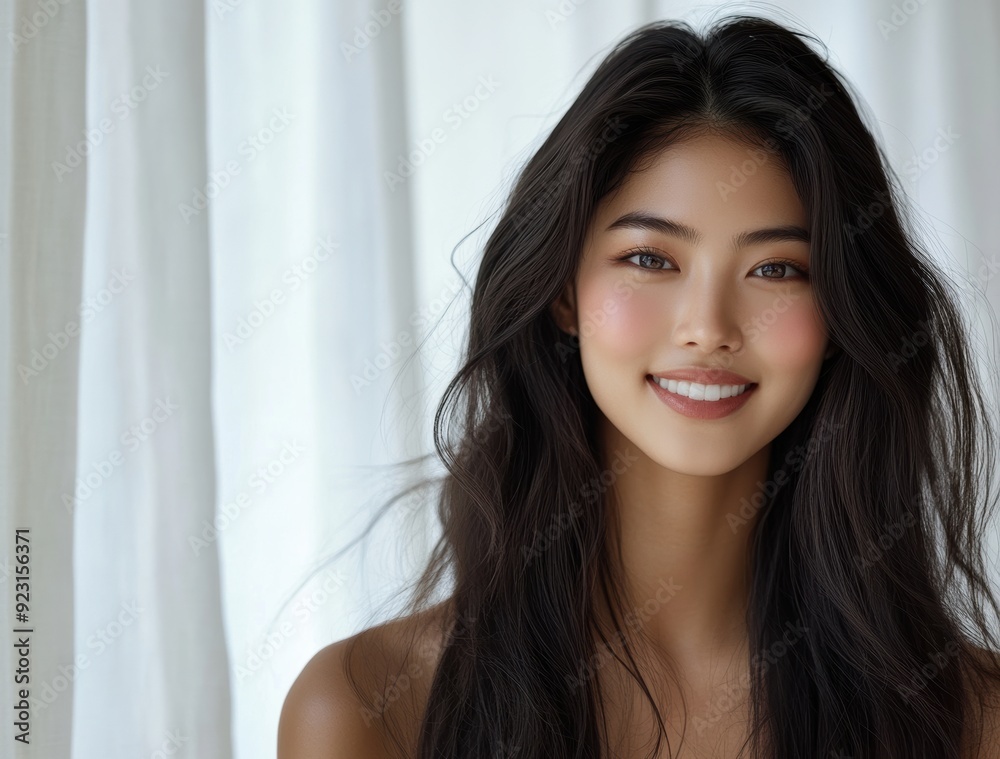 Alluring Asian girl in a poised stance, smiling at the camera, her fresh makeup and flawless skin beautifully framed by a billowing white curtain. Alluring Asian girl in a poised stance, smiling at the camera, her fresh makeup and flawless skin beautifully framed by a billowing white curtain.