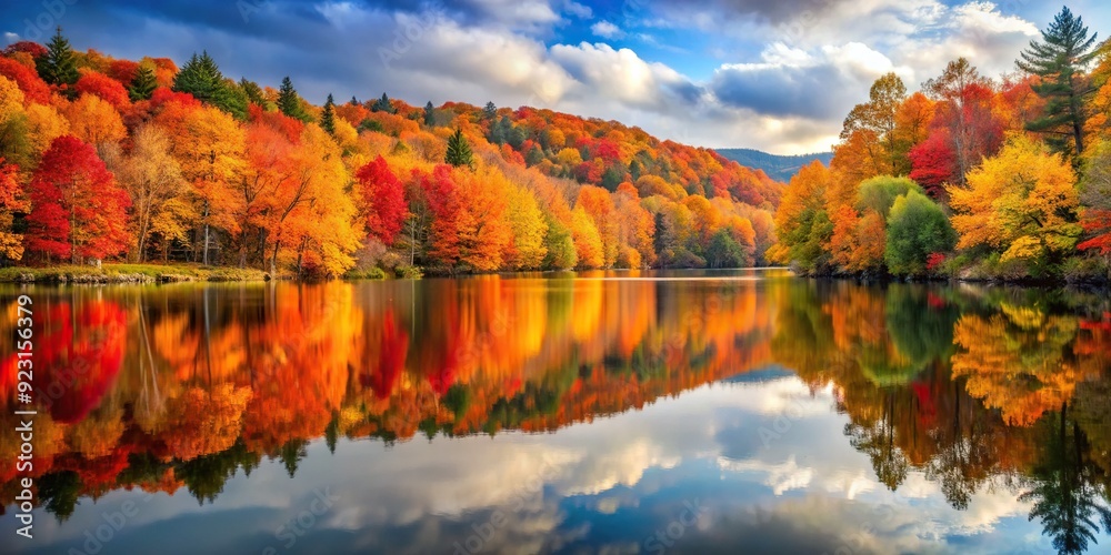 Vibrant autumn leaves in shades of orange, yellow, and red surround a serene lake, reflected perfectly on the calm water's surface. Vibrant autumn leaves in shades of orange, yellow, and red surround a serene lake, reflected perfectly on the calm water's surface.
