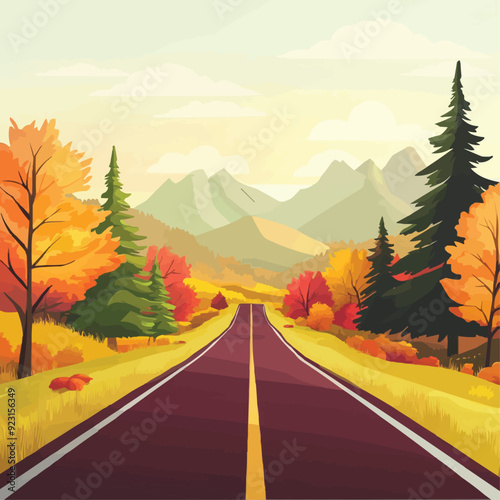 A road leading to the mountains autumn landscape with trees in fall