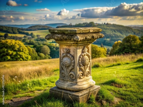 Ancient stone pedestal stands solo amidst rustic landscape, worn by time, with intricate carvings, symbolizing strength, endurance, and timeless beauty in a serene setting.