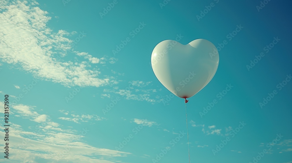 Fototapeta premium Heart-Shaped Balloon Floating in Clear Blue Sky with Wispy Clouds - Symbol of Love, Freedom, and Celebration - Perfect for Romantic, Inspirational, or Festive Themes