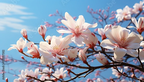 A blooming magnolia flower against a blue sky photo