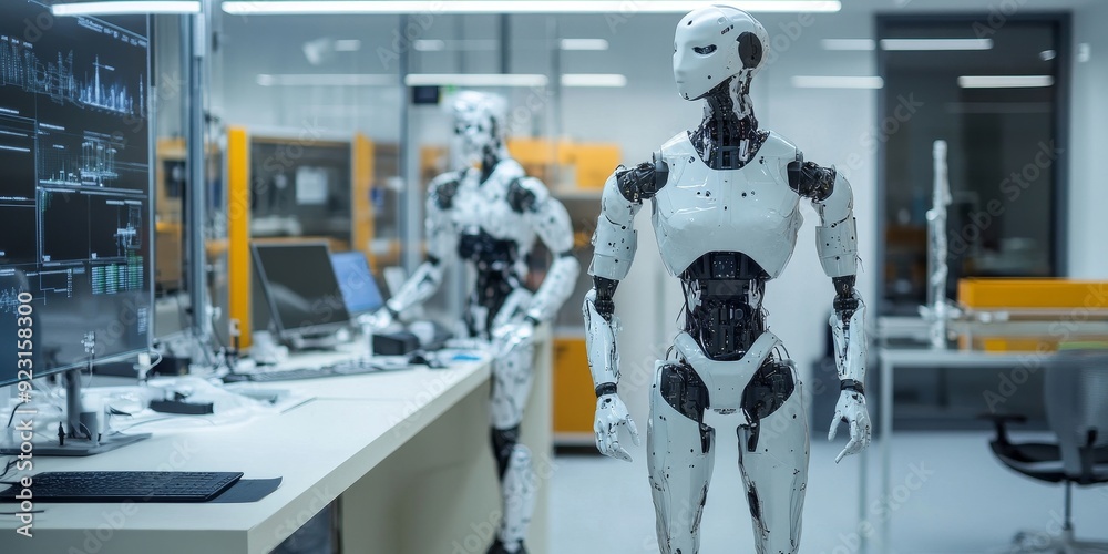 An advanced robotics lab with highly detailed, humanoid robots interacting with cutting-edge technology and digital interfaces in a high-tech environment An advanced robotics lab with highly detailed, humanoid robots interacting with cutting-edge technology and digital interfaces in a high-tech environment