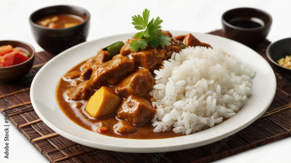 Japanese curry with rice and vegetables on a white plate, close-up Japanese curry with rice and vegetables on a white plate, close-up