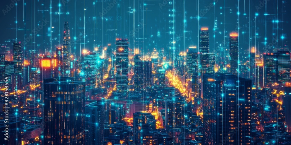 A futuristic cityscape with towering skyscrapers illuminated by neon lights, connected through a complex network of smart devices and IoT technology A futuristic cityscape with towering skyscrapers illuminated by neon lights, connected through a complex network of smart devices and IoT technology