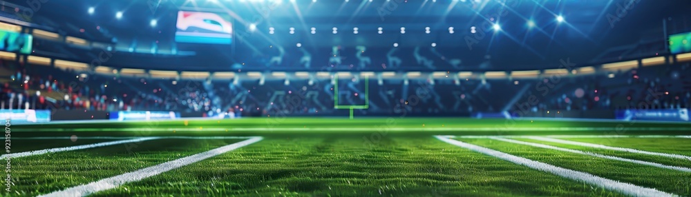 Obraz premium Vibrant illuminated football stadium at night, showcasing a lush green field and full capacity audience ready for an exciting match.