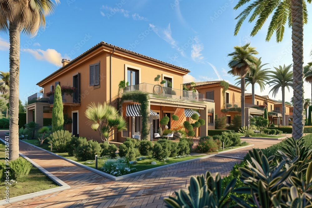 Fototapeta premium Exterior view of an expensive luxury Mediterranean villa with private swimming pool and terrace in modern design, Vacation home for big family.