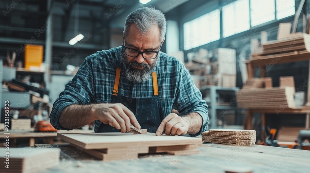 Skilled carpenter working diligently on a wooden project in a well-equipped workshop, showcasing craftsmanship and attention to detail. Skilled carpenter working diligently on a wooden project in a well-equipped workshop, showcasing craftsmanship and attention to detail.