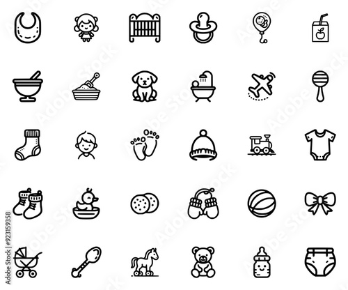 Mega Set Of Vector Baby Icons Web Header Banner Design Containing Kid,Baby,Fashion,Toy,Play Simple Black Style Symbol Sign For Apps And Website, Vector Illustration