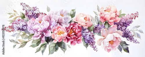 Watercolor Painting of Pink and Purple Flowers with Green Leaves