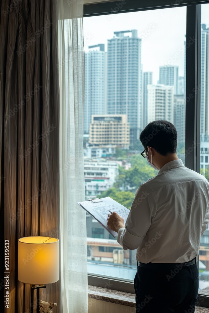 A public health inspector examining a hotel room for cleanliness and sanitation standards, Generative AI A public health inspector examining a hotel room for cleanliness and sanitation standards, Generative AI