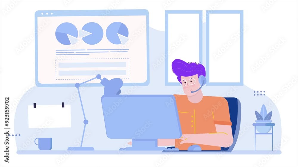 A person sits at a desk in a bright workspace analyzing charts on a computer while using a headset illustration business animated video A person sits at a desk in a bright workspace analyzing charts on a computer while using a headset illustration business animated video