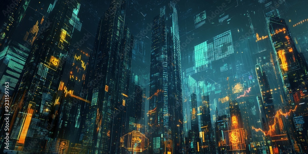 Fototapeta premium A futuristic cityscape with towering skyscrapers adorned with holographic financial charts 