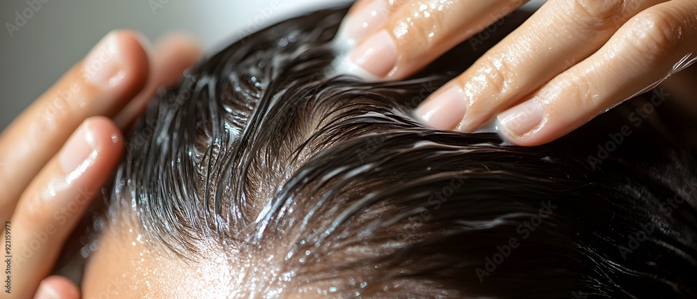 Naklejka premium Close up image of a person s hands carefully applying a topical hair loss treatment or product to their scalp