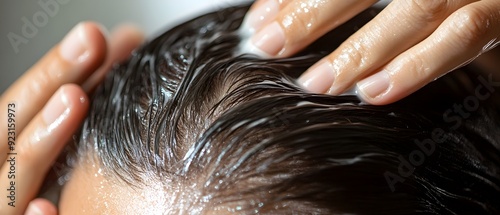 Close up image of a person s hands carefully applying a topical hair loss treatment or product to their scalp photo