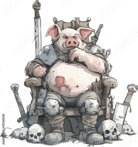 an anthropomorphic pig is depicted sitting on a throne with a stern expression, resembling a lord or warrior