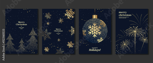 Luxury christmas invitation card art deco design vector. Christmas tree, bauble ball, pine tree, snowflake, firework on blue background. Design illustration for poster, wallpaper, greeting card.