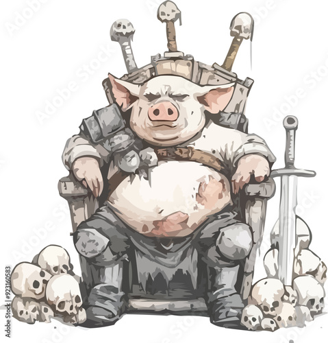 an anthropomorphic pig is depicted sitting on a throne with a stern expression, resembling a lord or warrior