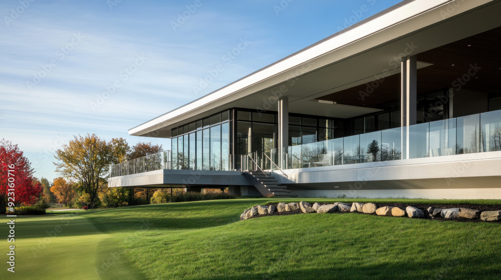 Naklejka premium Modern cozy house with deck and stainless steel rails, green grassland