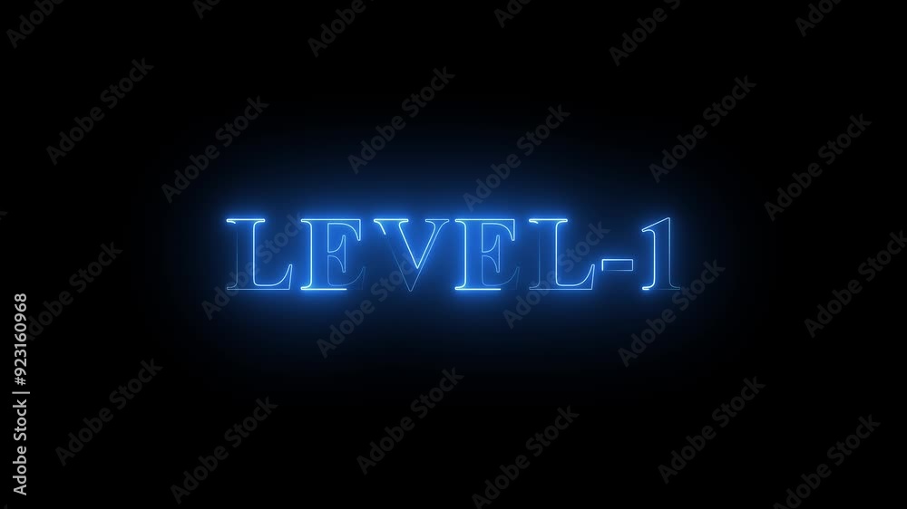 Level -1 text font with neon light. Luminous and shimmering haze inside the letters of the text Level-1.