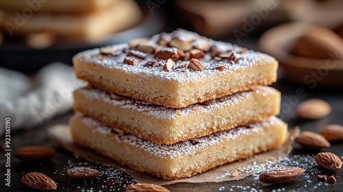 Almond shortbread bars dusted with powdered sugar