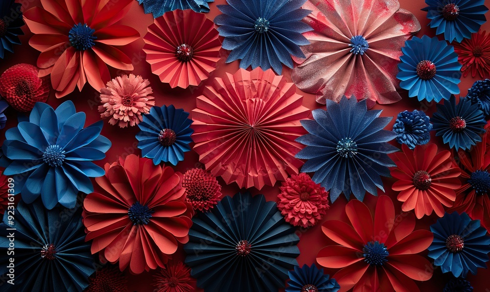patriotic decorations on red background for holiday flat lay paper fans fireworks party streamers 4th of july independence day celebration concept. patriotic decorations on red background for holiday flat lay paper fans fireworks party streamers 4th of july independence day celebration concept.