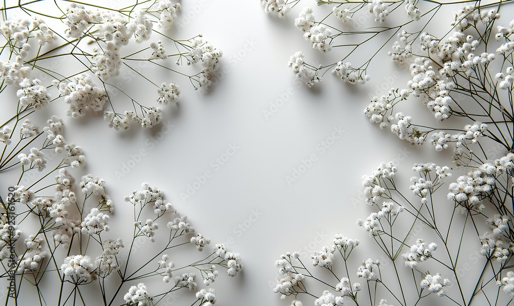 white paper card wedding invitation mockup with gypsophila flower branches on white background generative ai. white paper card wedding invitation mockup with gypsophila flower branches on white background generative ai.