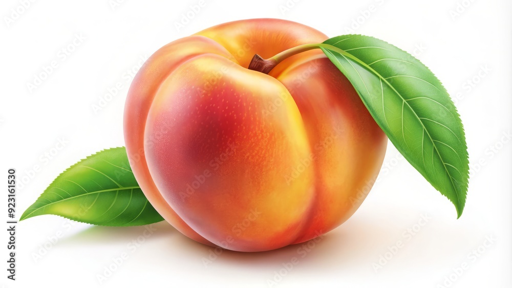 Vibrant illustration of a juicy peach with soft, gradient skin and delicate leaf details, set against a clean white background with subtle shadowing effects. Vibrant illustration of a juicy peach with soft, gradient skin and delicate leaf details, set against a clean white background with subtle shadowing effects.