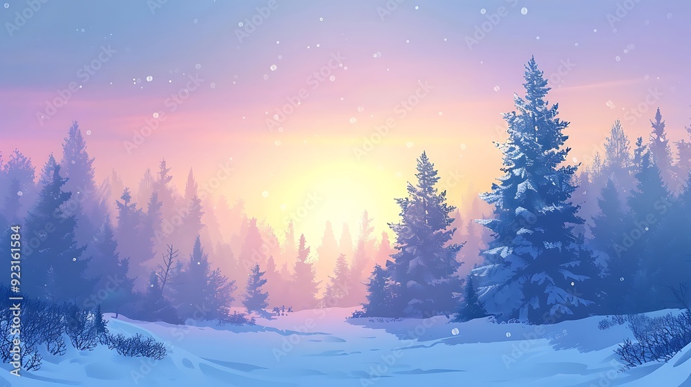 Serene winter landscape with a vibrant sunrise illuminating a snowy forest. The trees are covered in snow, and the sky is a beautiful mix of purple, pink, and blue. Serene winter landscape with a vibrant sunrise illuminating a snowy forest. The trees are covered in snow, and the sky is a beautiful mix of purple, pink, and blue.
