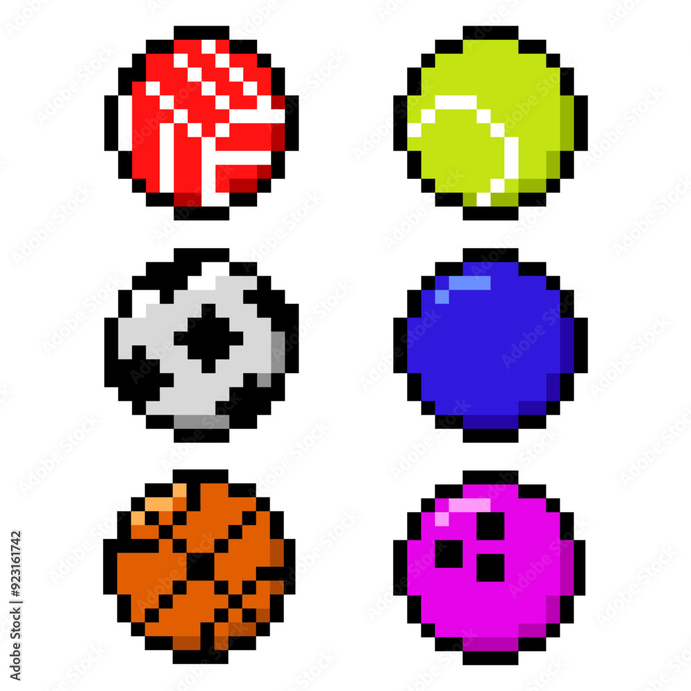 Pixel game balls. Colored balls for ennis, soccer, baseball, football, basketball, volleyball. 8-bit retro style vector illustration