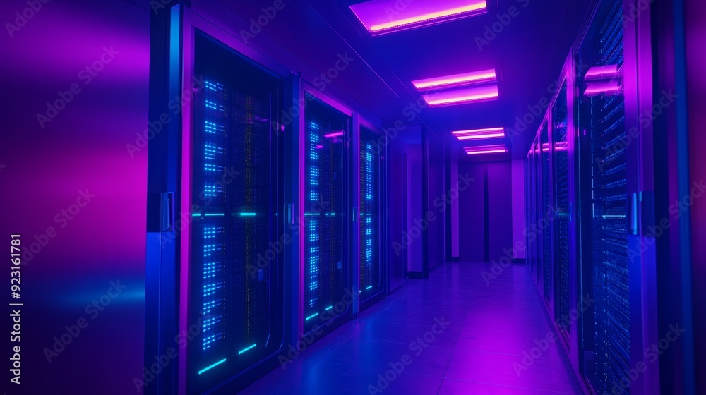 Fototapeta premium Modern server room with numerous multi-faceted cabinets, blue and purple lighting