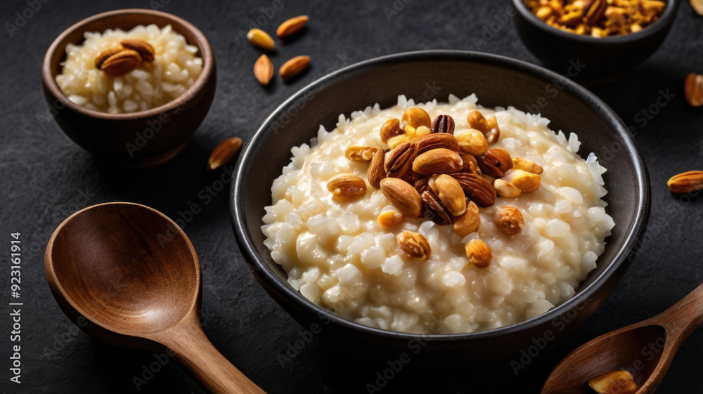 Rice porridge with nuts and raisins on dark background Rice porridge with nuts and raisins on dark background