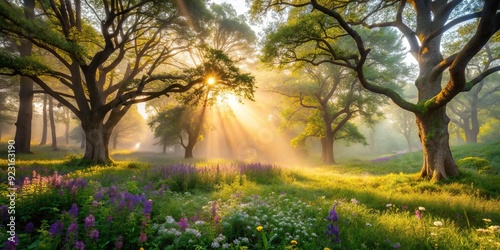 Misty sunlight filters through ancient trees in a secluded forest glade, surrounded by lush greenery and vibrant wildflowers, evoking a sense of serene tranquility.