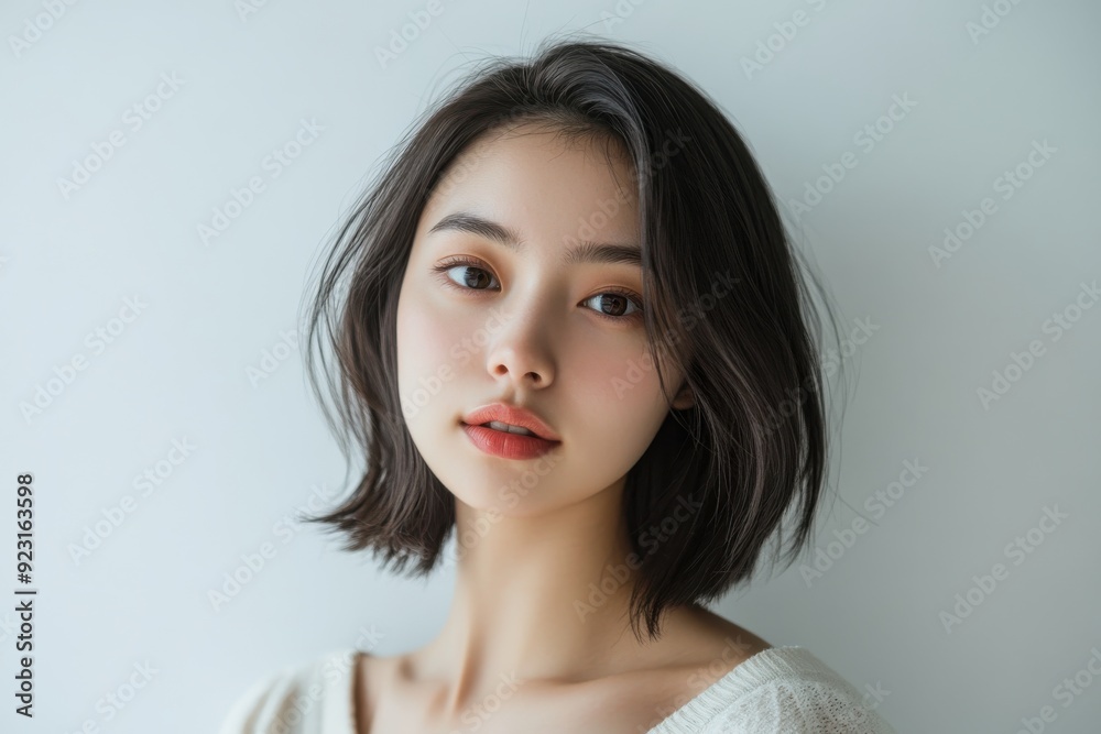 Young Asian woman with clean, fresh skin and short hair bobtail style, embodying beauty and cosmetic care concepts. Young Asian woman with clean, fresh skin and short hair bobtail style, embodying beauty and cosmetic care concepts.
