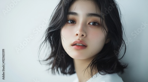 Young Asian woman with clean, fresh skin and short hair bobtail style, embodying beauty and cosmetic care concepts. photo