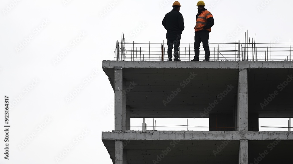 Fototapeta premium Two construction workers observe the skyline from the top of a building under construction on a cloudy day.