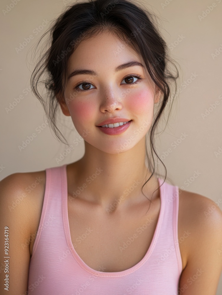 Asian woman with radiant skin showcasing high quality skincare products against a solid pink old rose pastel background, highlighting beauty and wellness. Asian woman with radiant skin showcasing high quality skincare products against a solid pink old rose pastel background, highlighting beauty and wellness.