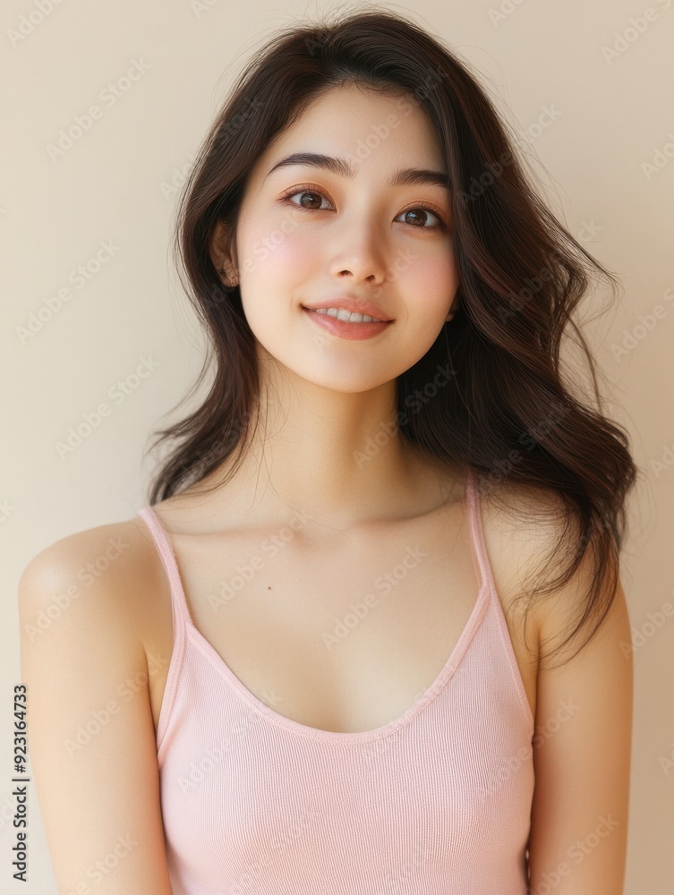 Asian woman with radiant skin showcasing high quality skincare products against a solid pink old rose pastel background, highlighting beauty and wellness. Asian woman with radiant skin showcasing high quality skincare products against a solid pink old rose pastel background, highlighting beauty and wellness.