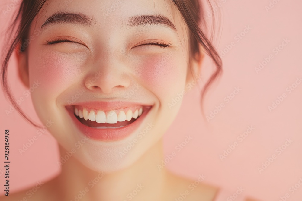 Obraz premium Asian woman with radiant skin showcasing high quality skincare products against a solid pink old rose pastel background, highlighting beauty and wellness.
