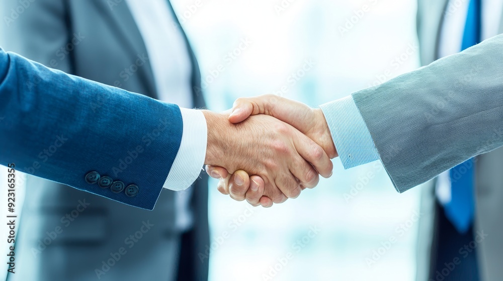 Two professionals shaking hands to signify partnership and collaboration in a bright, modern office setting. Two professionals shaking hands to signify partnership and collaboration in a bright, modern office setting.
