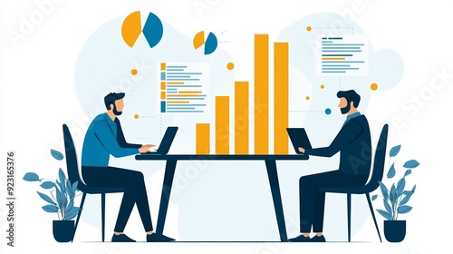 Two professionals working together at a table, analyzing data with graphs and charts, surrounded by plants and modern design.