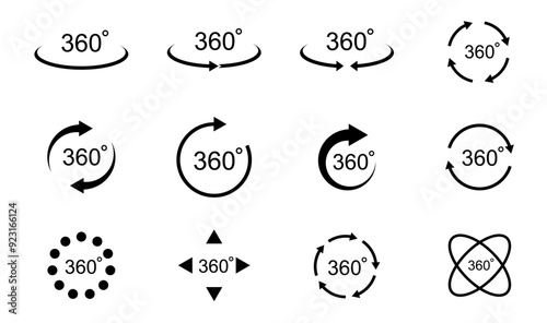 360 degree views. Signs with arrows to indicate the rotation or panoramas to 360 degrees. Vector illustration.