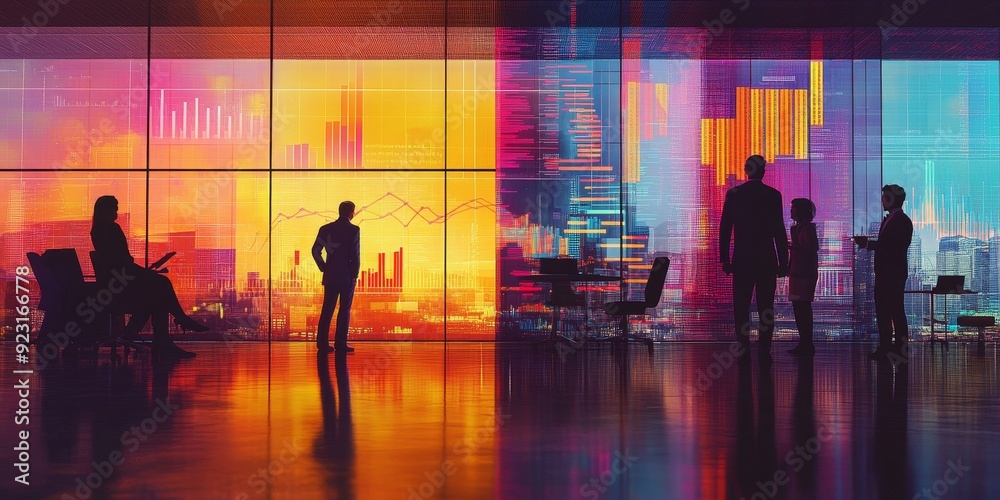 A vivid scene of a busy corporate finance office with employees collaborating on financial strategies amidst a backdrop of colorful data visualizations A vivid scene of a busy corporate finance office with employees collaborating on financial strategies amidst a backdrop of colorful data visualizations