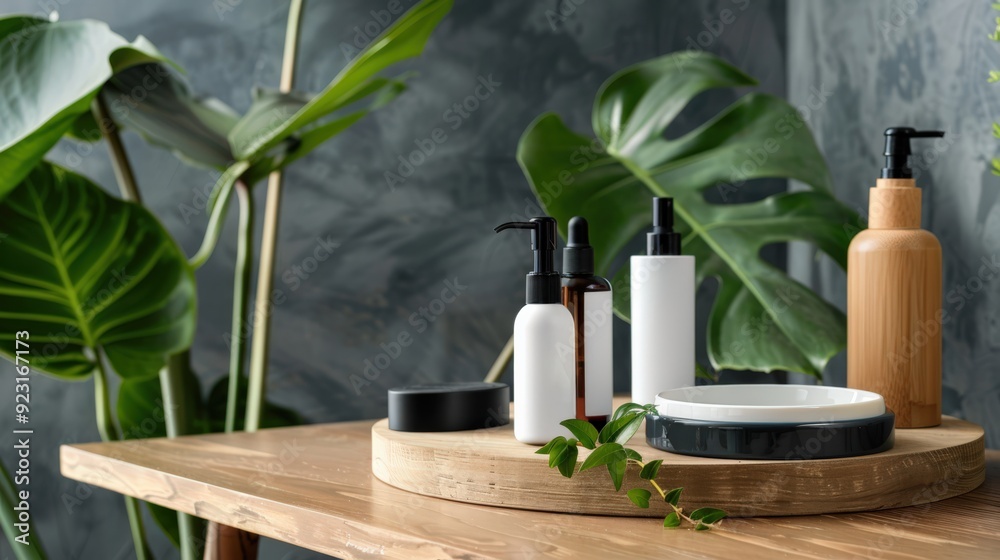 A wooden tray with a variety of toiletries and a potted plant in the background A wooden tray with a variety of toiletries and a potted plant in the background
