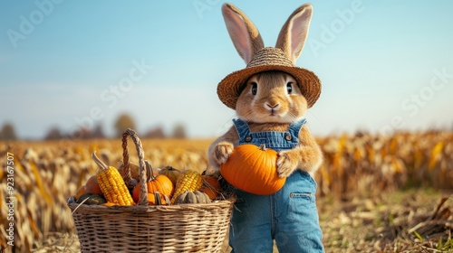 A dressed rabbit collects pumpkins and corn in a basket amidst a vibrant autumn field under clear blue skies