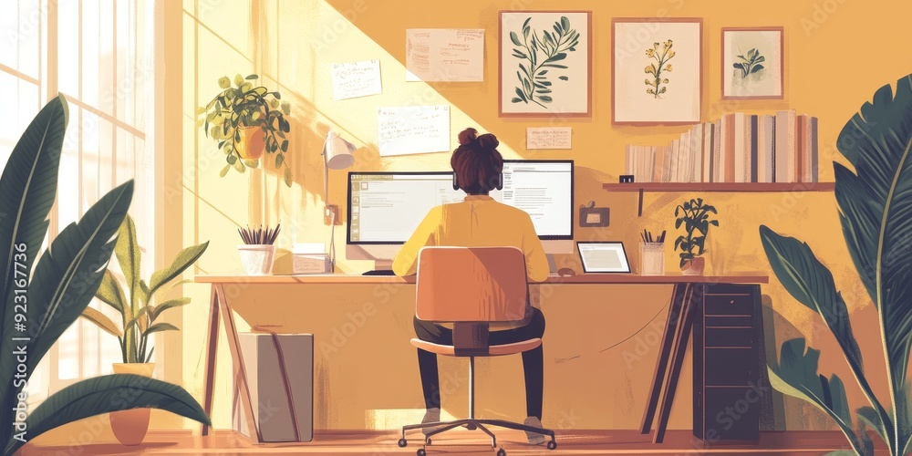 A serene image of a professional person working remotely from a cozy home office, with a focus on their relaxed and productive lifestyle in a comfortable and personalized workspace A serene image of a professional person working remotely from a cozy home office, with a focus on their relaxed and productive lifestyle in a comfortable and personalized workspace